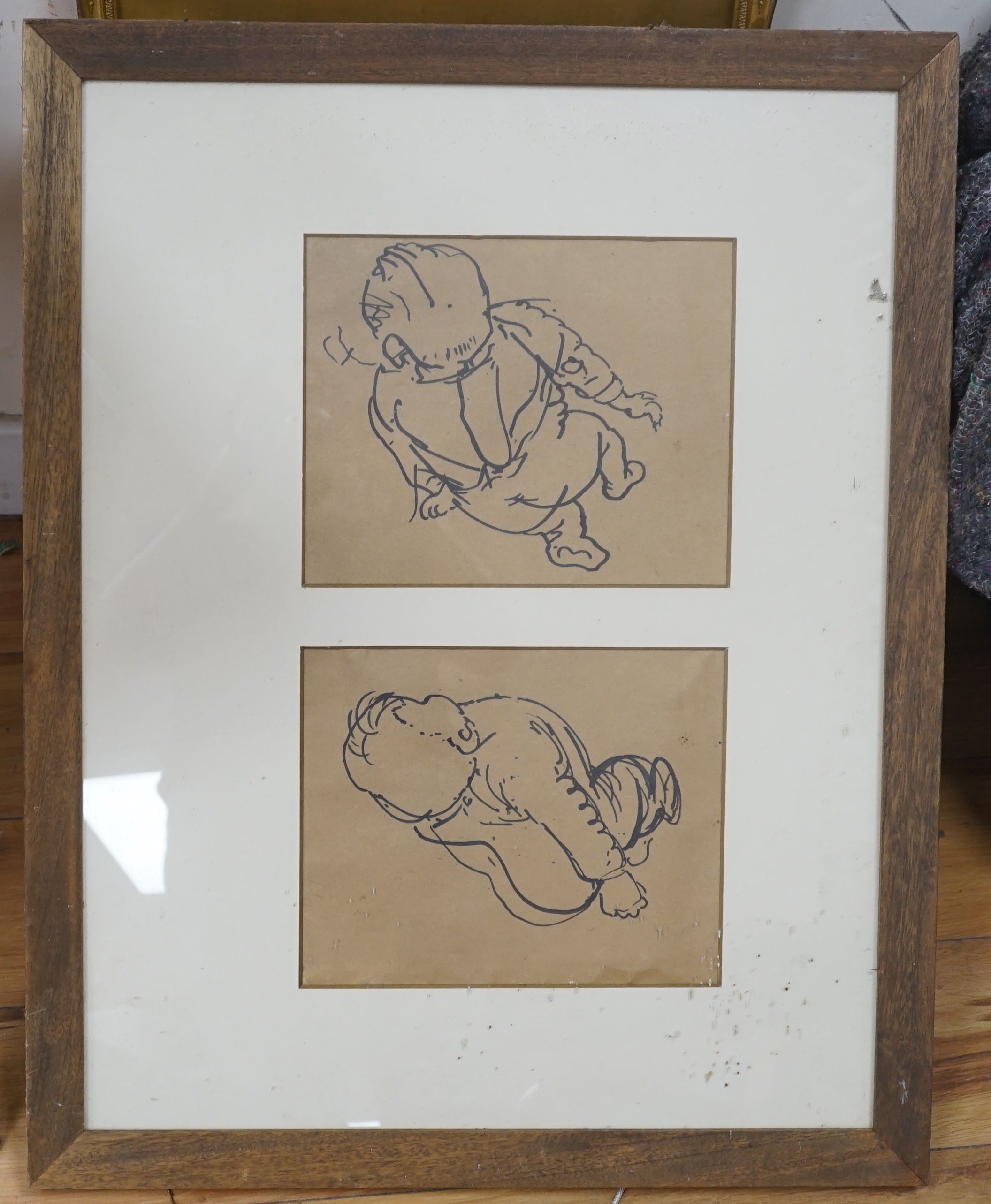Peter Howson (b.1958), two pen and ink drawings, Studies of an infant, each 26 x 21cm, framed as one.